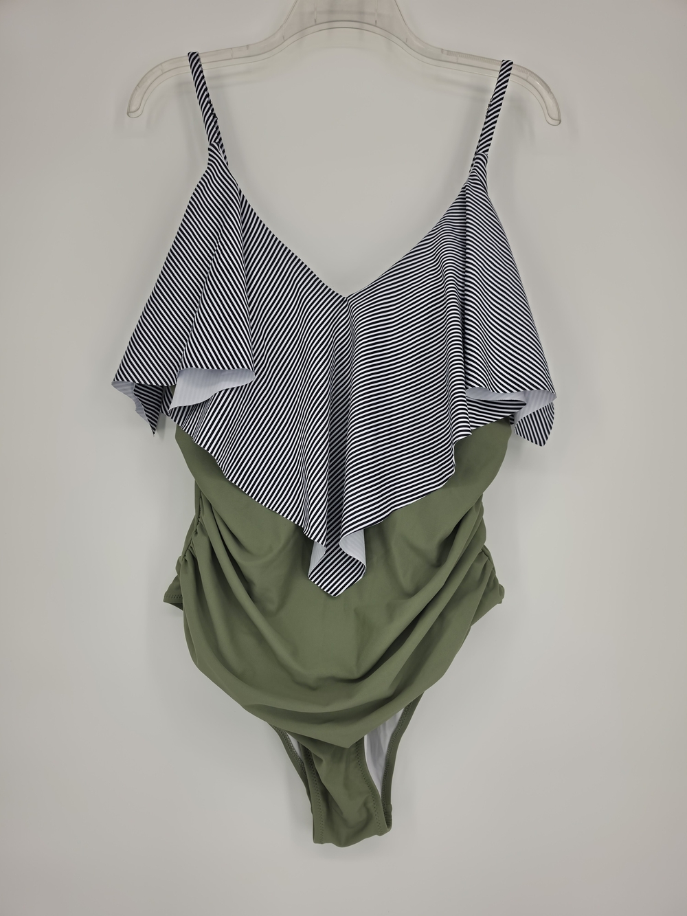 Black White Stripe Ruffle Flounce One Piece Swimsuit Olive Green Womens XL